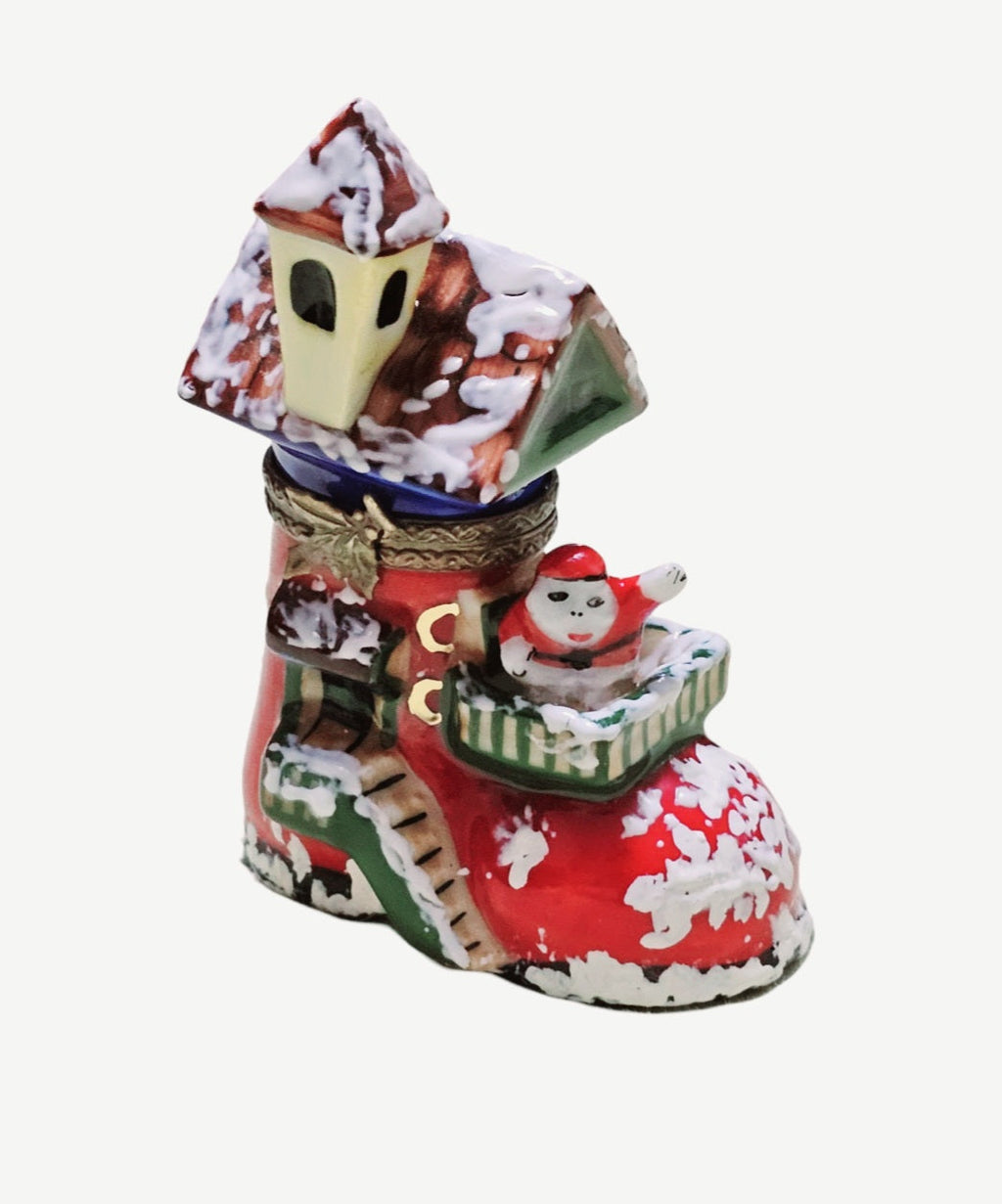 Santa Workshop Boot Limoges Box, a hand-painted Limoges porcelain gift