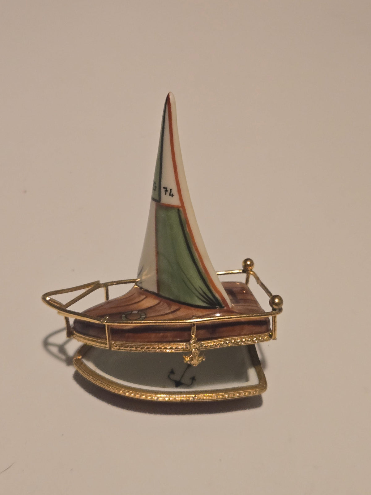 Brown Sailboat w Brass Limoges Box HandPainted Limoges Box, view 2
