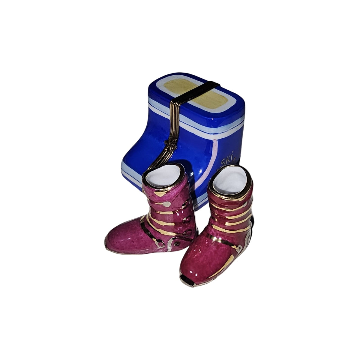 Ski Boots w Case Limoges Box France, a hand-painted Limoges porcelain gift