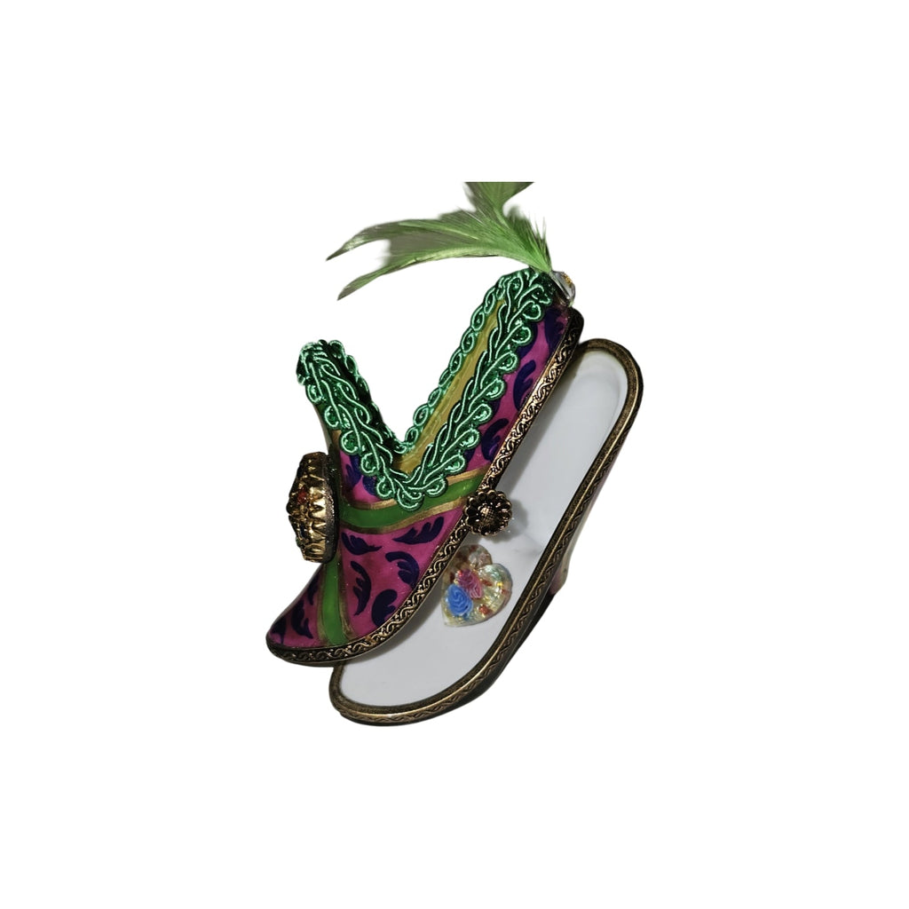 Pink Purple Shoe w Green Feather Limoges Box, view 2