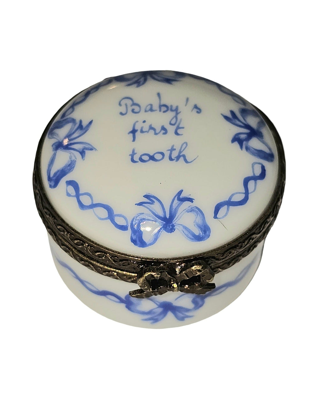 Small Blue Baby First Tooth Round, a hand-painted Limoges porcelain gift