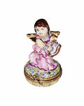 Brunette Angel w Harp Figurine for Home, a hand-painted Limoges porcelain gift