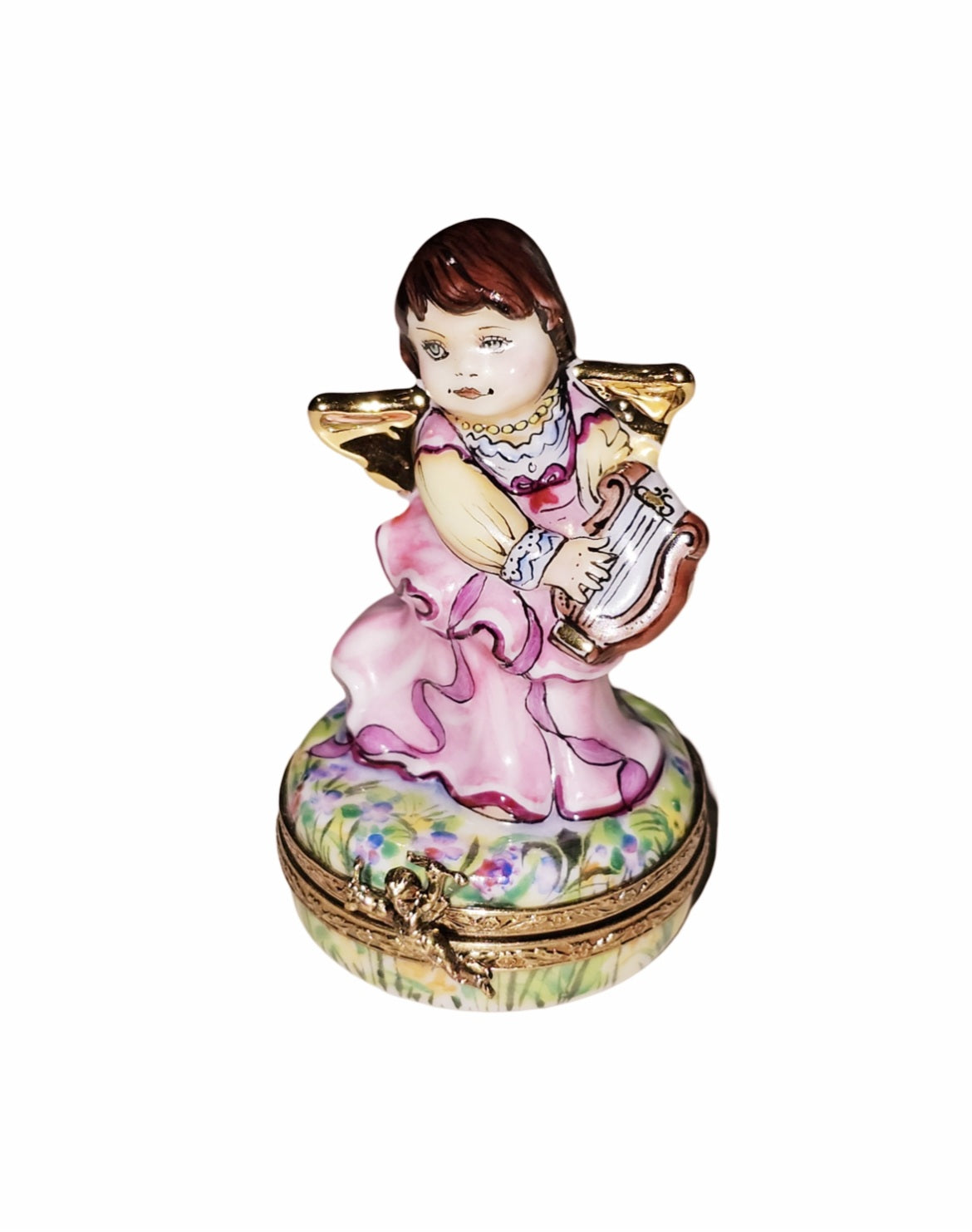 Brunette Angel w Harp Figurine for Home, a hand-painted Limoges porcelain gift