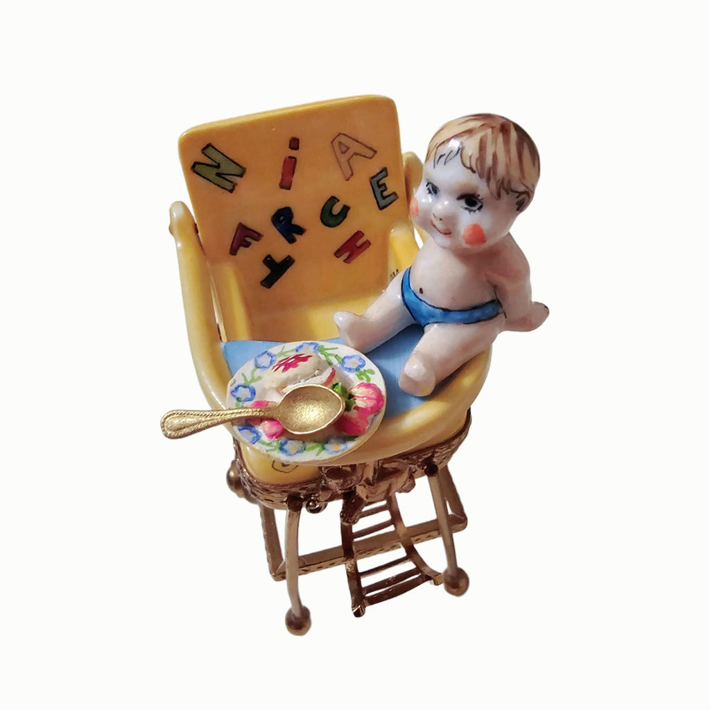 Removable Baby in Highchair Limoges Box, a hand-painted Limoges porcelain gift