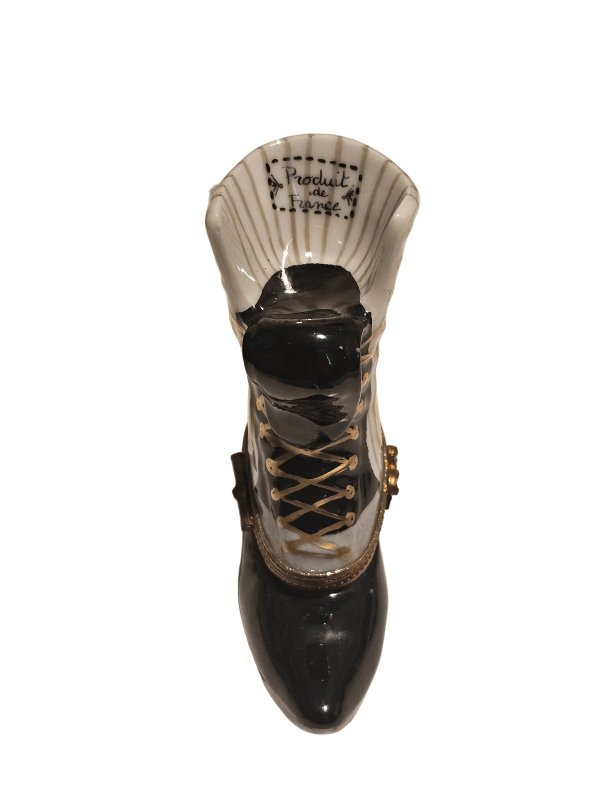 The painter's artistry shows on this White Black Striped Victorian Boot Limoges box