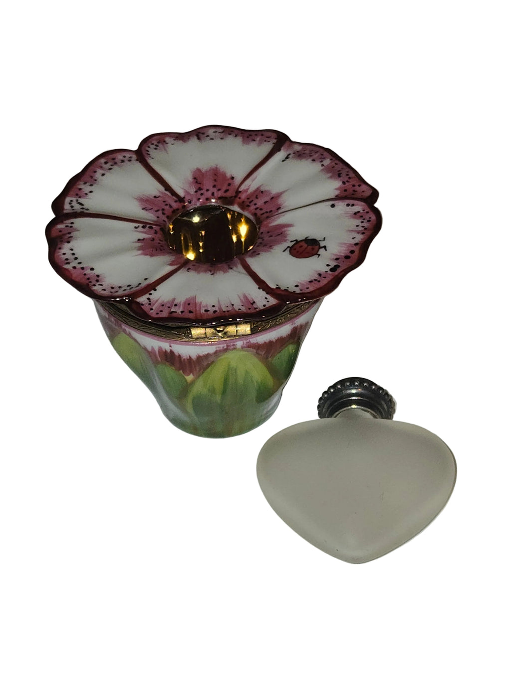 White Pink Flower w Porcelain Art Perfume, a hand-painted Limoges porcelain gift
