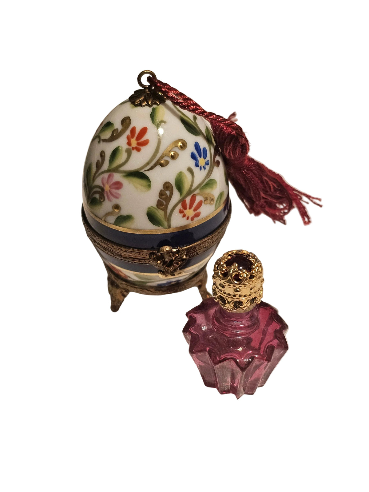 Blue Perfume Egg w Flowers on Stand, a hand-painted Limoges porcelain gift