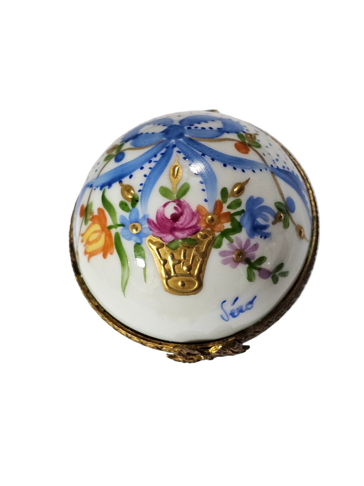 Mini Blue Round Ribbons Flowers Limoges Porcelain Art Object, view 4