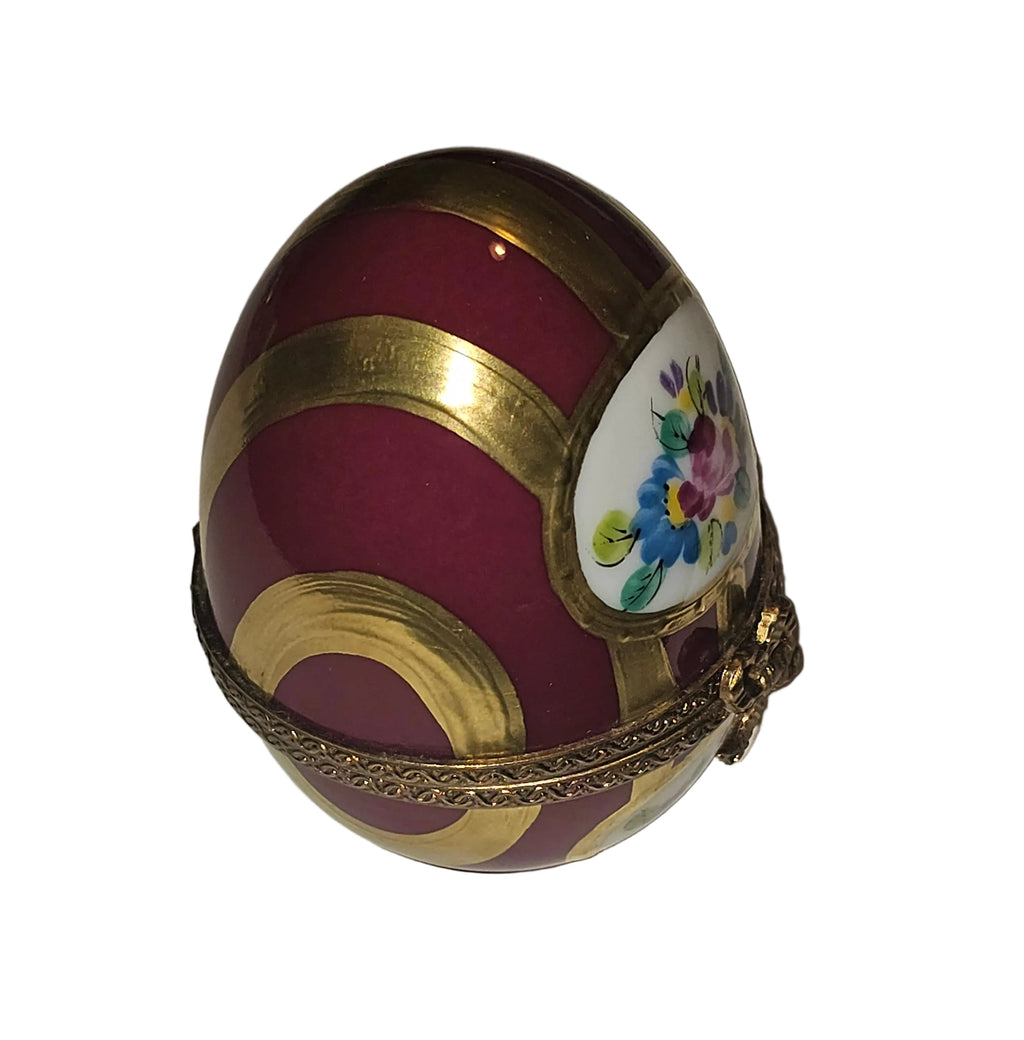 Maroon and Gold Striped Egg with Flowers Limoges Box, view 5