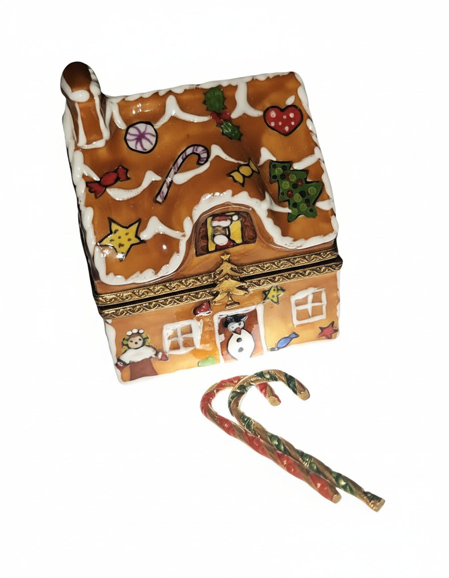 Gingerbread House w Canes, a hand-painted Limoges porcelain gift