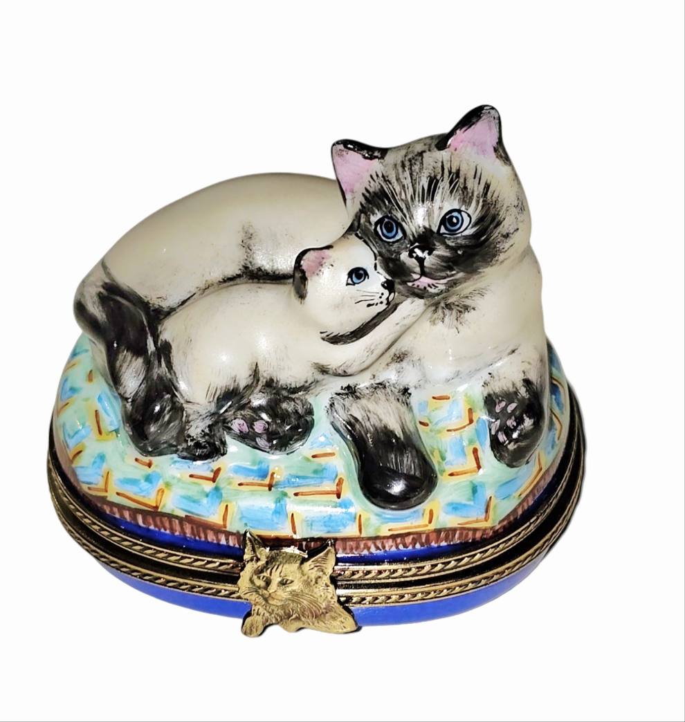 Siamese Cat w Kitten Limoges Box, a hand-painted Limoges porcelain gift