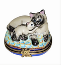 Siamese Cat w Kitten Limoges Box, a hand-painted Limoges porcelain gift