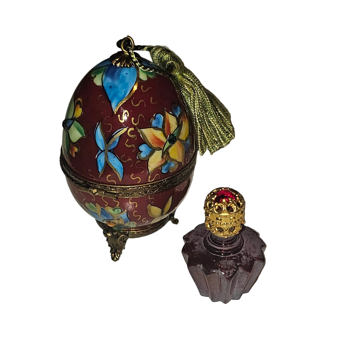 Footed Red Perfume Porcelain Egg Bold w Tassel, view 2