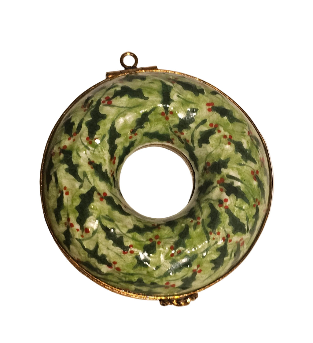Artisan-painted Holiday Pine Wreath Limoges box from France, a cherished collectible