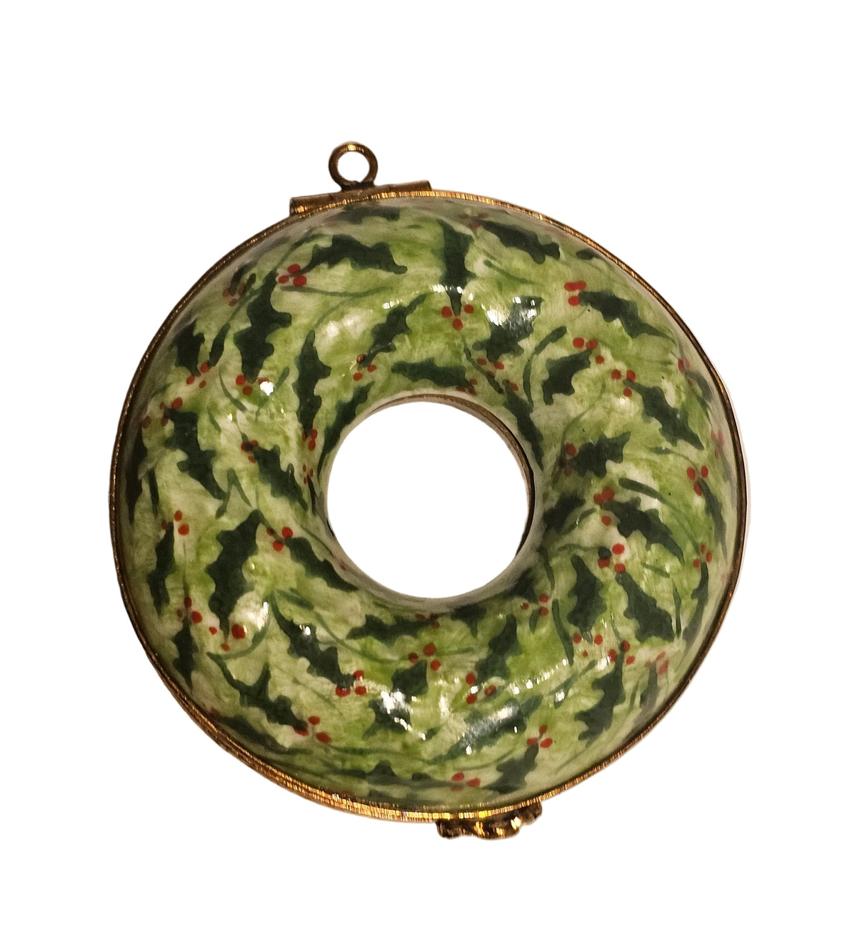 Artisan-painted Holiday Pine Wreath Limoges box from France, a cherished collectible