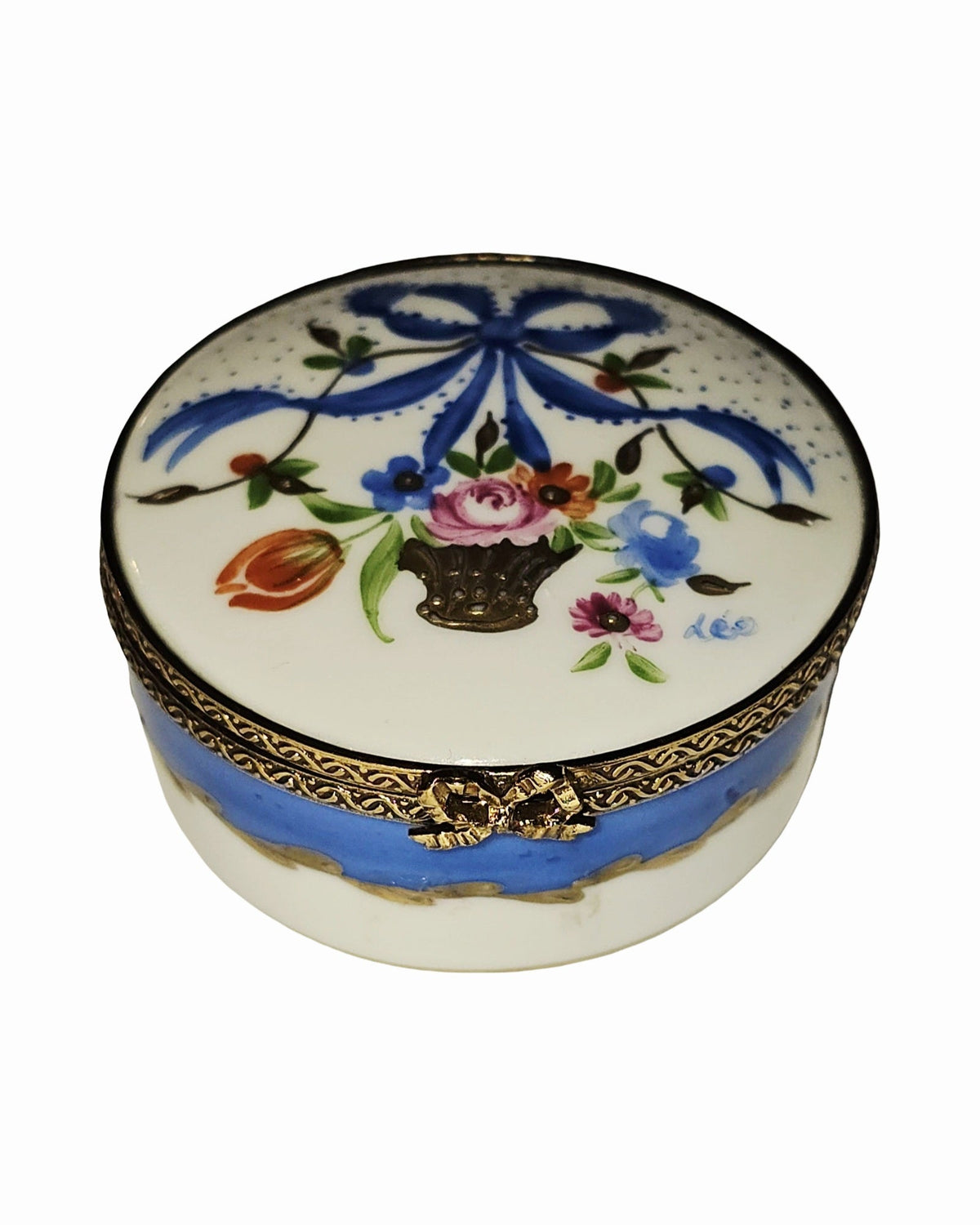 Marie Antoinette Blue Ribbon Round Art Porcelain Box, a hand-painted Limoges porcelain gift
