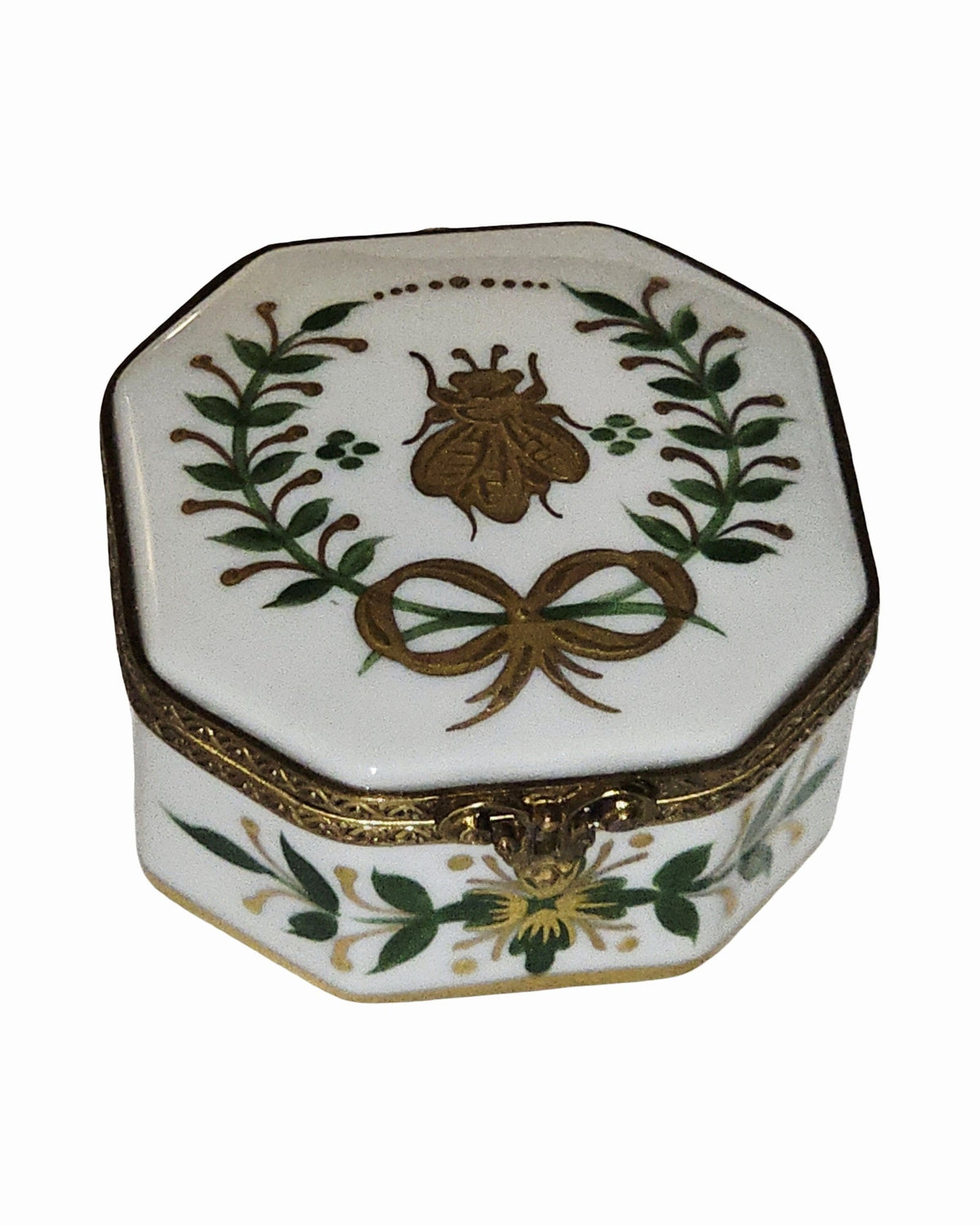 Emperor Gold Bee Wreath Hexagon Limoges Porcelain Art Object, a hand-painted Limoges porcelain gift