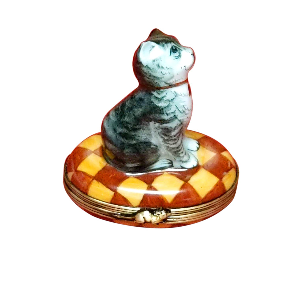 Small Cat Collar Yellow on rug, a hand-painted Limoges porcelain gift