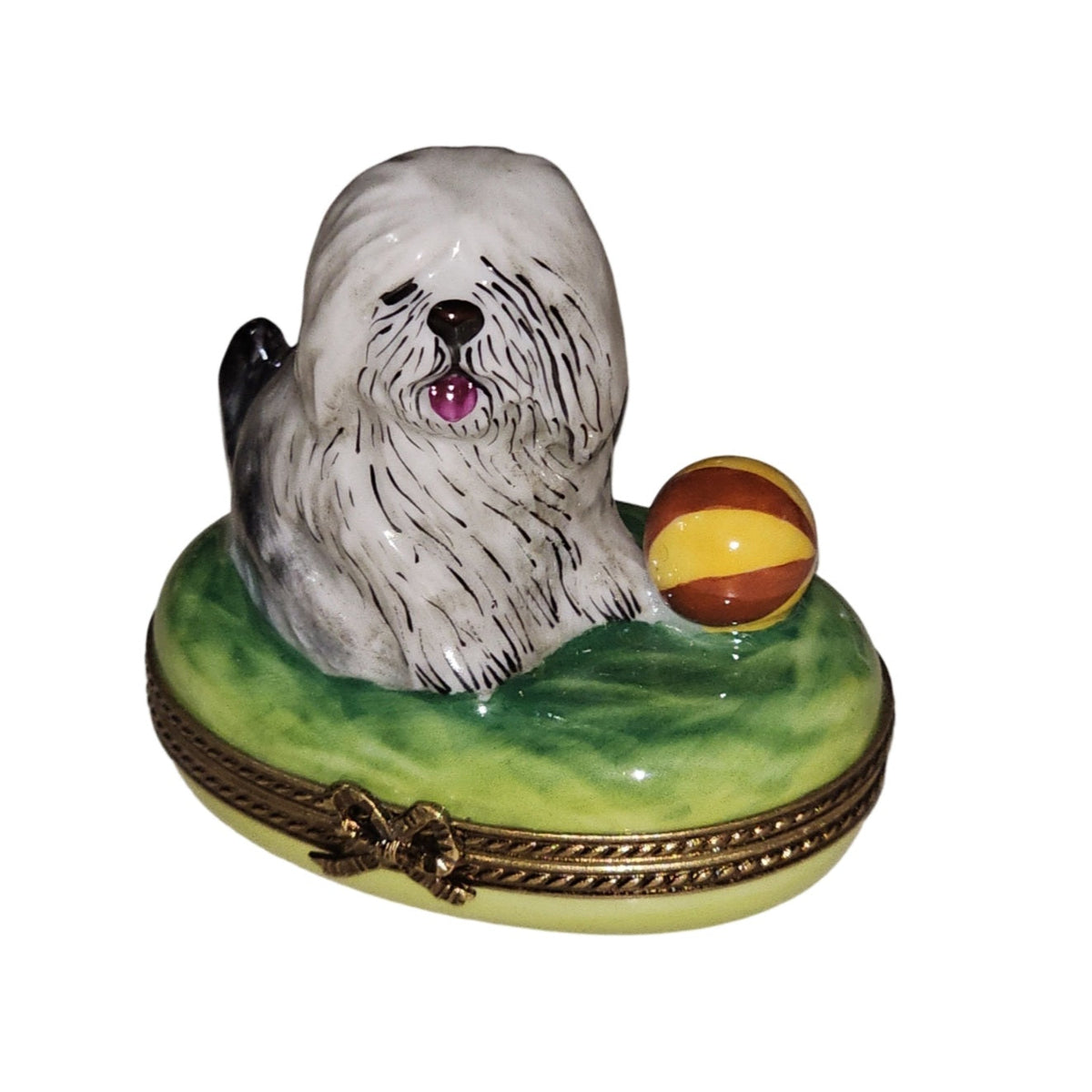 Playful Sheep Dog with Ball Limoges Keepsake, a hand-painted Limoges porcelain gift