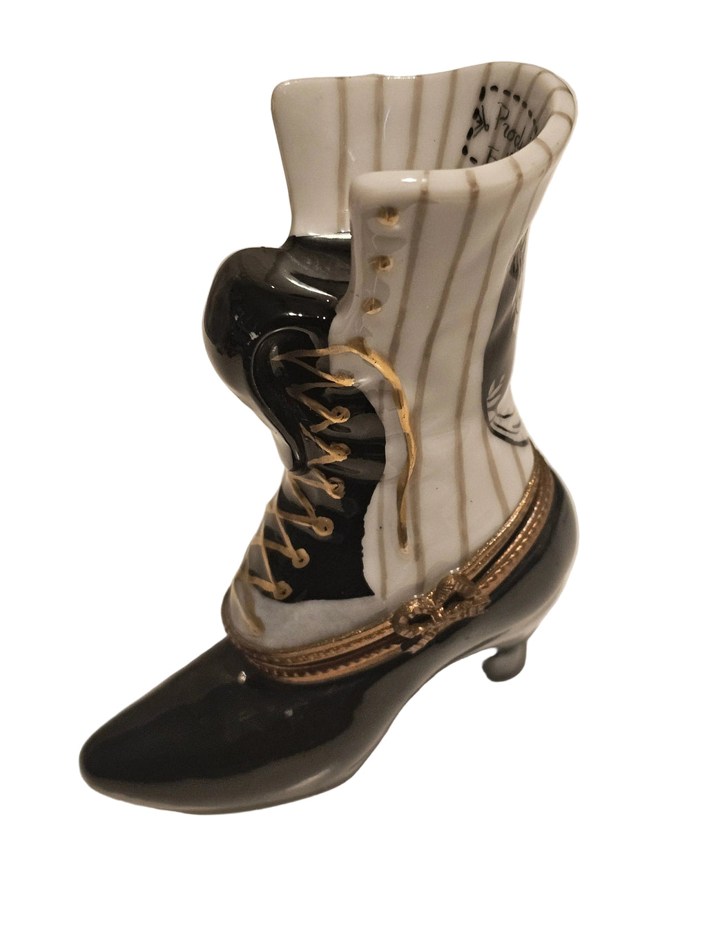 Artisan-painted White Black Striped Victorian Boot Limoges box from France, a cherished collectible