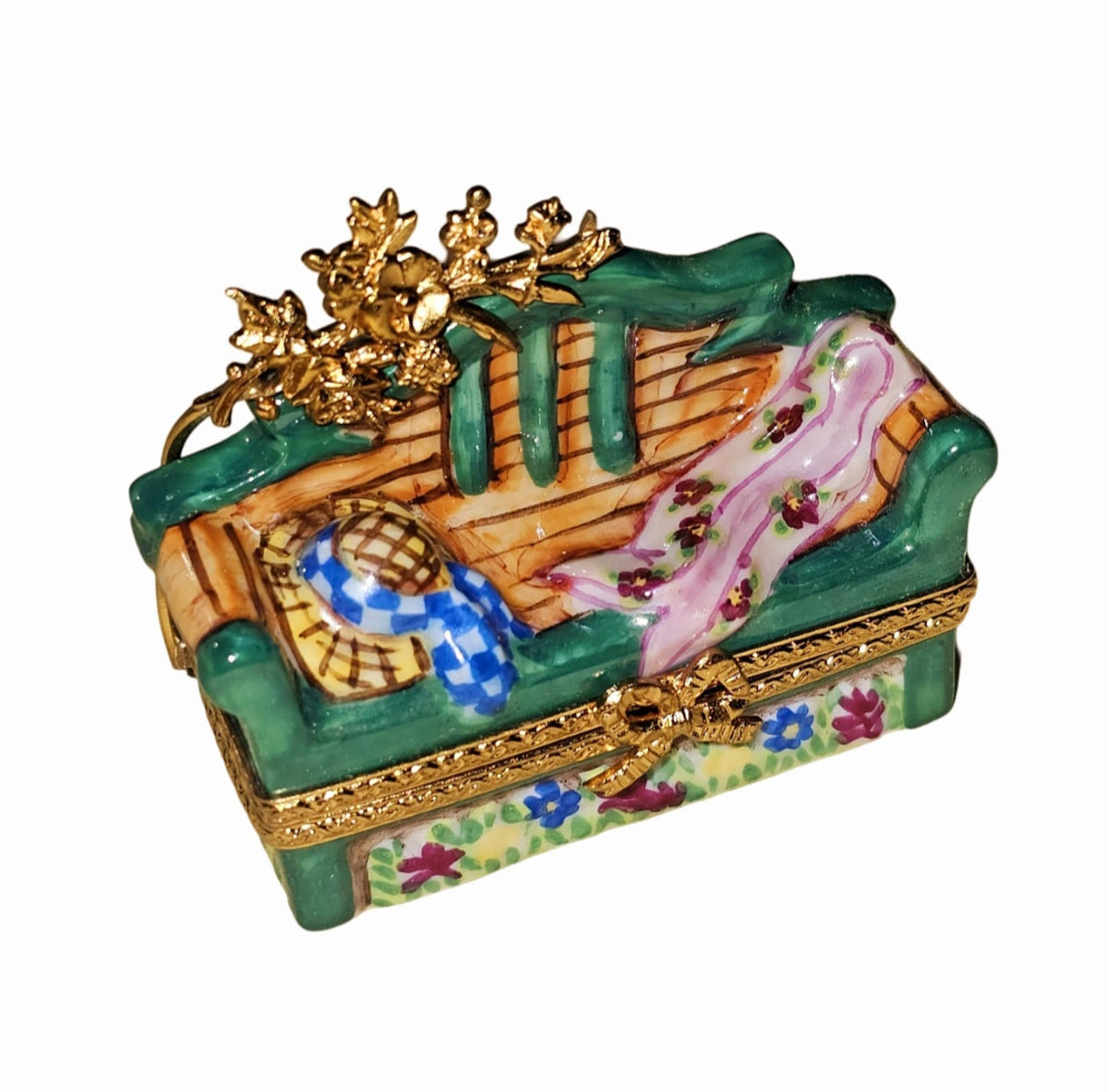 Garden Bench w Hat Limoges Box Shop, a hand-painted Limoges porcelain gift