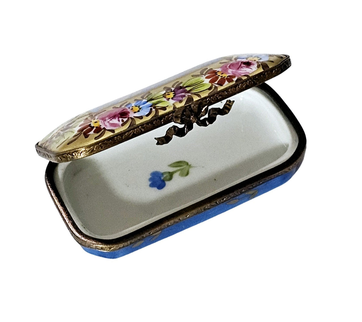 Gold and Blue Flat Rectangle with Flowers Limoges, view 2