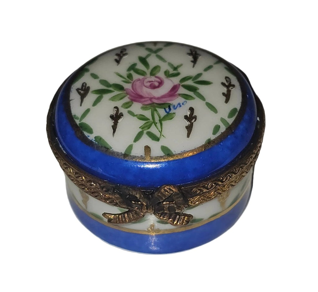 Small Blue Round w Flower Box Limoges Box, a hand-painted Limoges porcelain gift