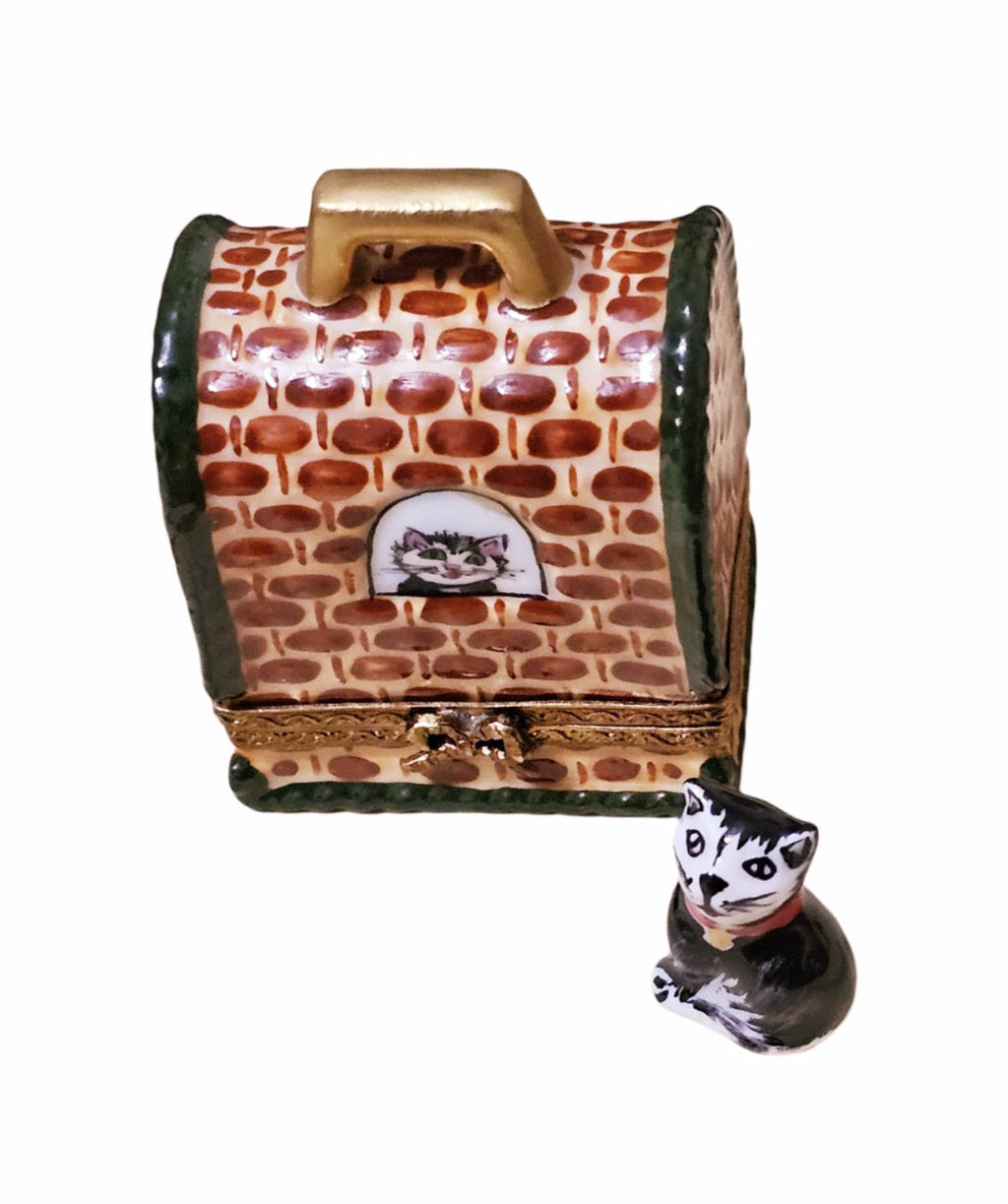 Black White Cat in Carrier Limoges Box, a hand-painted Limoges porcelain gift