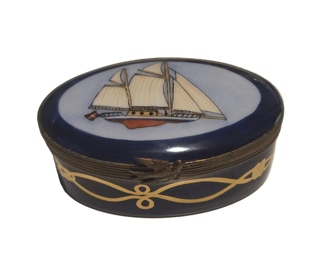 Sailboat on Oval Limoges Box Nautical, a hand-painted Limoges porcelain gift