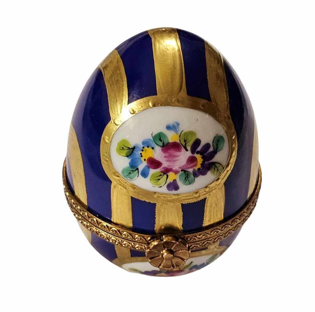 Blue and Gold Striped Egg with Flowers, view 4