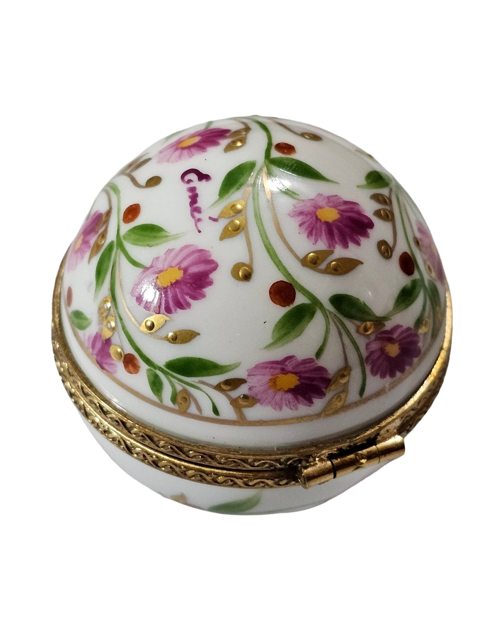 Pink Flowers on Vine Round Ball Limoges Porcelain Art Object, view 4