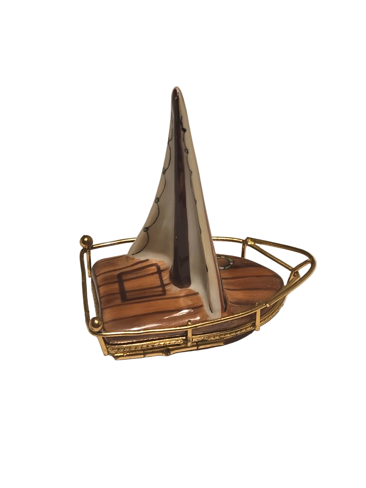 Brown Sailboat w Brass Limoges Box HandPainted Limoges Box, view 5