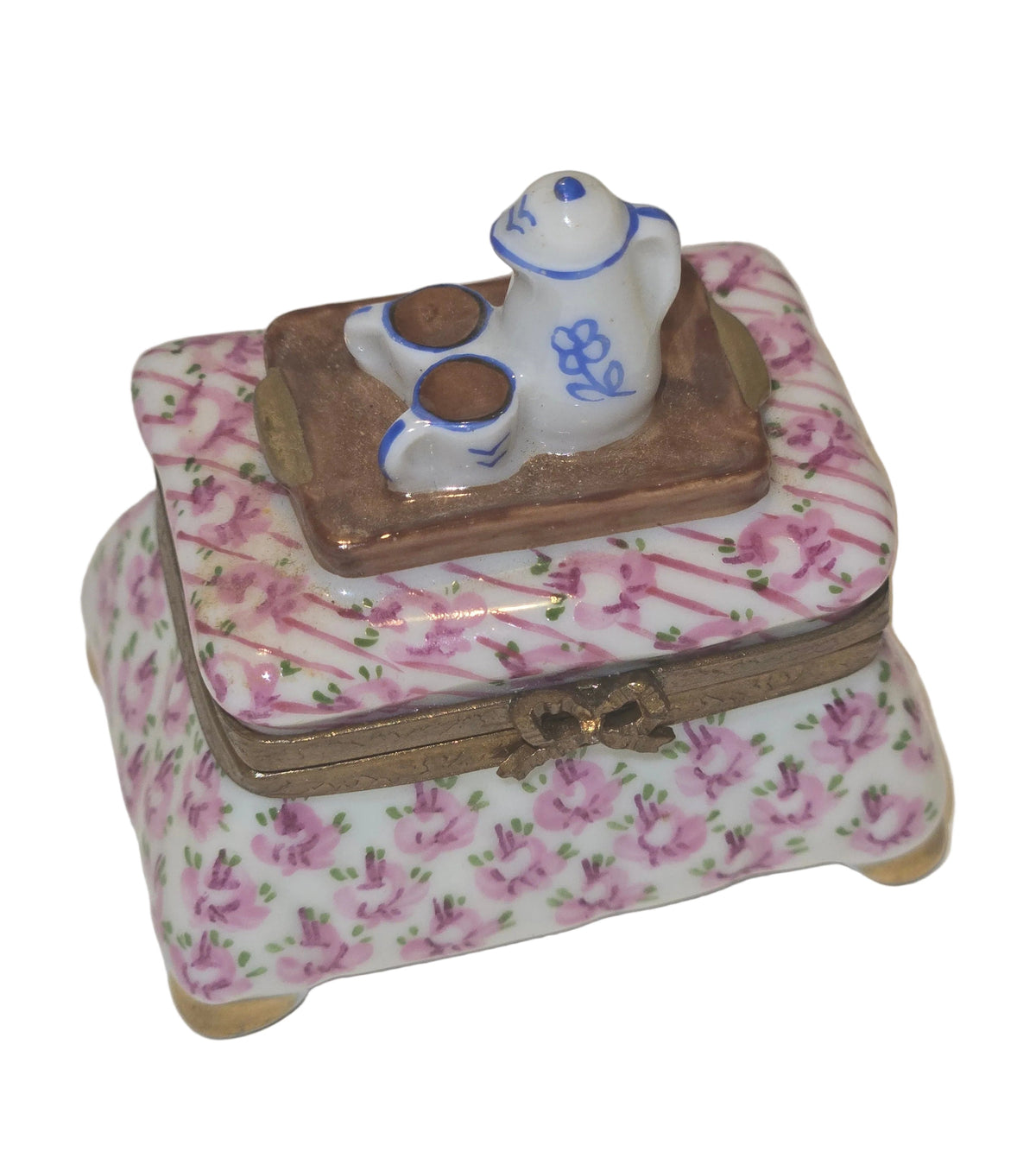 Pink Flowered Foot Stool w Tea, a hand-painted Limoges porcelain gift
