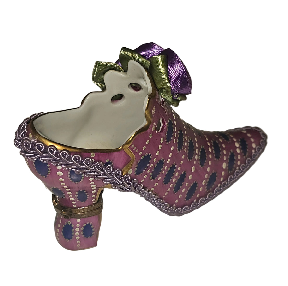 Collectible Pink Purple Shoe Limoges box with artisan brushwork