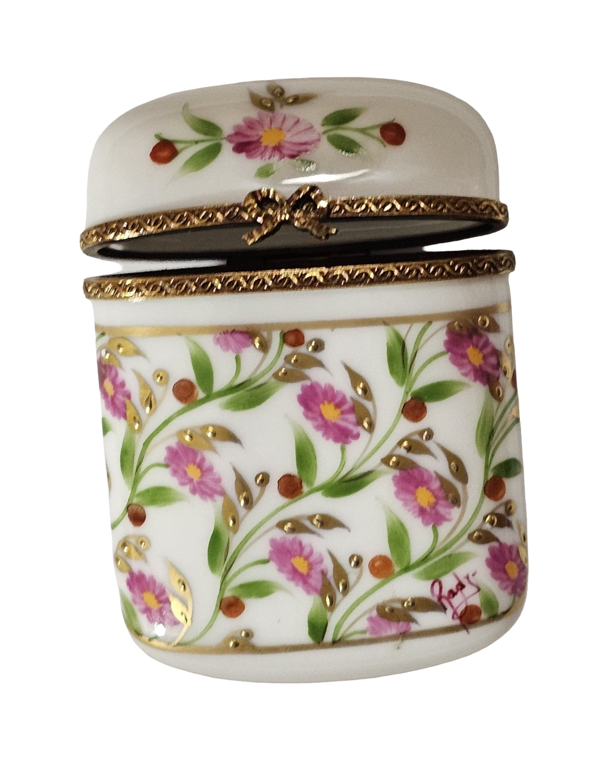 Madame Pompadour Tall Flat with Pink Flowers Limoges, view 2