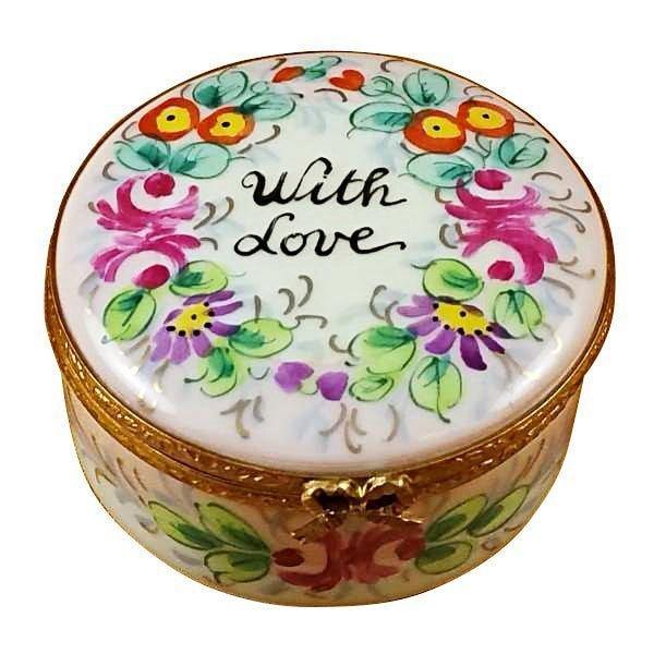 Round W Love Studio Collection Porcelain Limoges Box, a hand-painted Limoges porcelain gift
