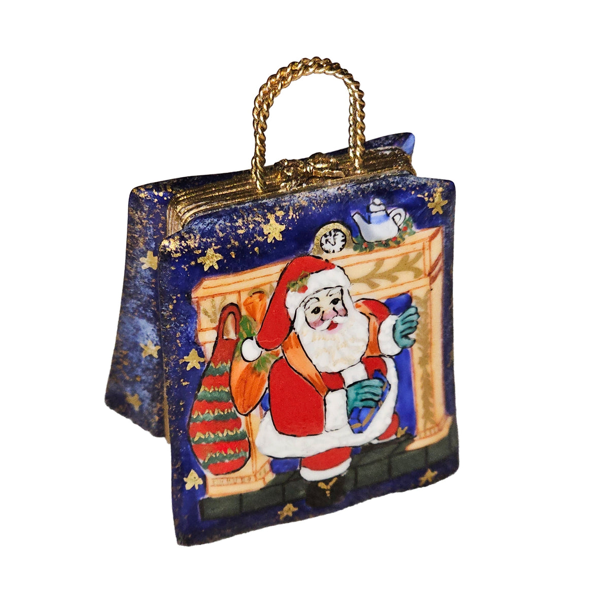 Unsigned Santa Claus Shopping Bag Holiday Delight, a hand-painted Limoges porcelain gift