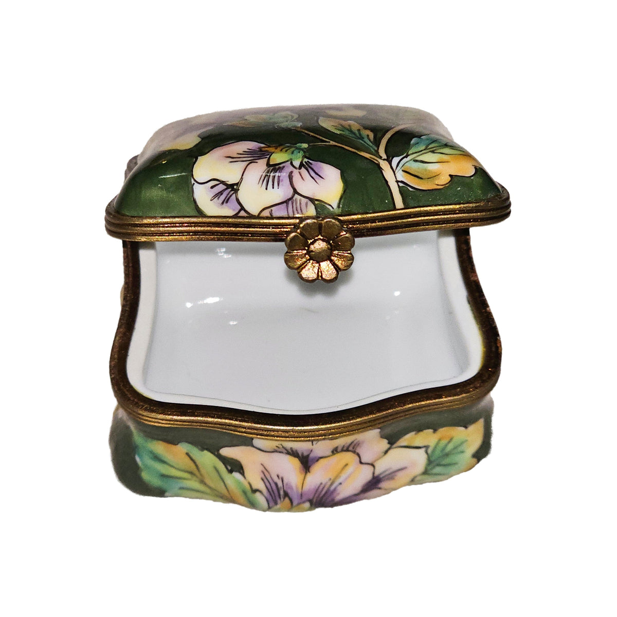 Scalloped Green w Painted Flowers Hibiscus Limoges Box, view 2