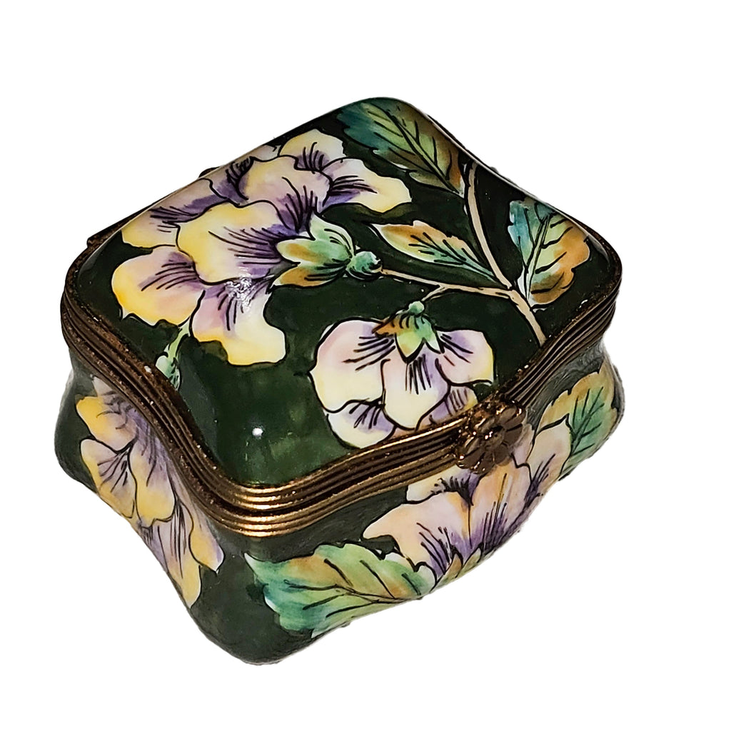 Scalloped Green w Painted Flowers Hibiscus Limoges Box, a hand-painted Limoges porcelain gift