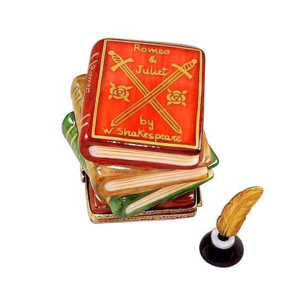 Shakespeare Stack of Books Inkwell Brass Feather Limoges Box, view 4