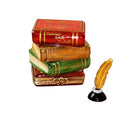 Shakespeare Stack of Books Inkwell Brass Feather Limoges Box, a hand-painted Limoges porcelain gift