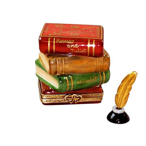 Shakespeare Stack of Books Inkwell Brass Feather Limoges Box, a hand-painted Limoges porcelain gift