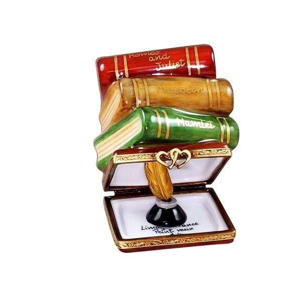 Shakespeare Stack of Books Inkwell Brass Feather Limoges Box, view 2