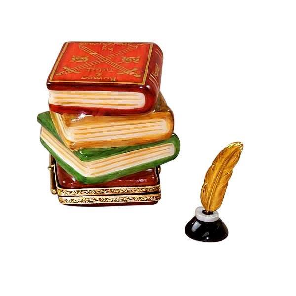 Shakespeare Stack of Books Inkwell Brass Feather Limoges Box, view 3