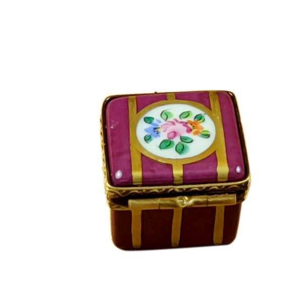 Small Burgundy Square Gold Stripes Flowers Limoges Box, view 3