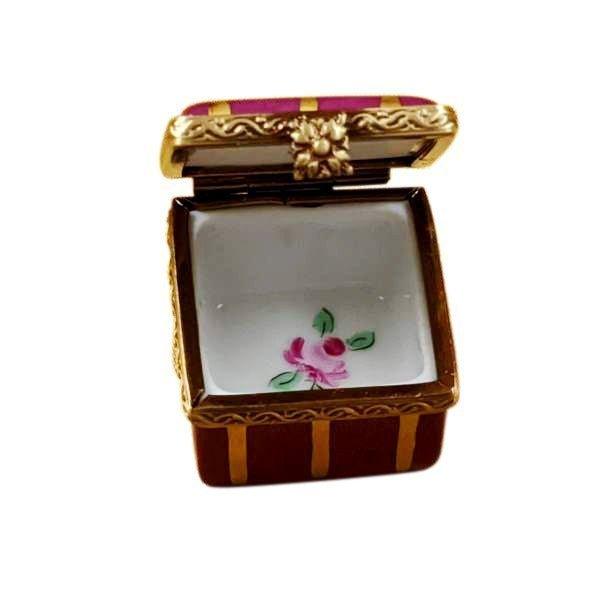 Small Burgundy Square Gold Stripes Flowers Limoges Box, view 2