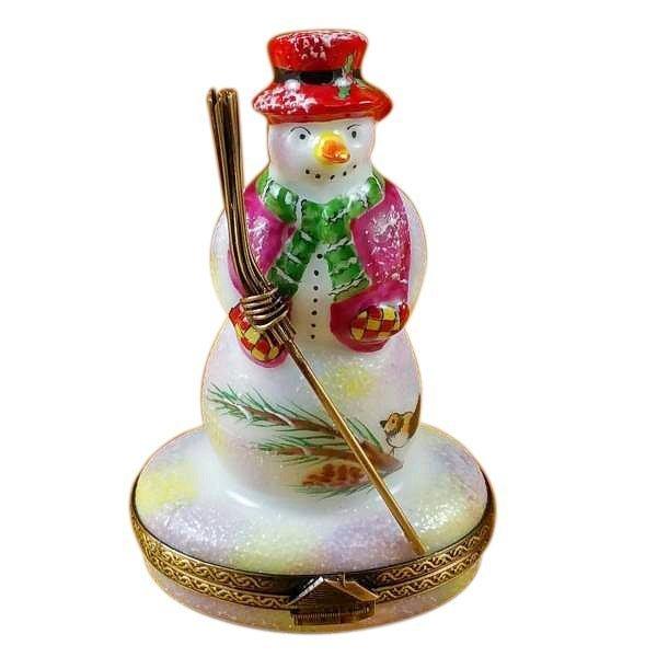 Snowman Red Hat Broom Limoges Box, a hand-painted Limoges porcelain gift