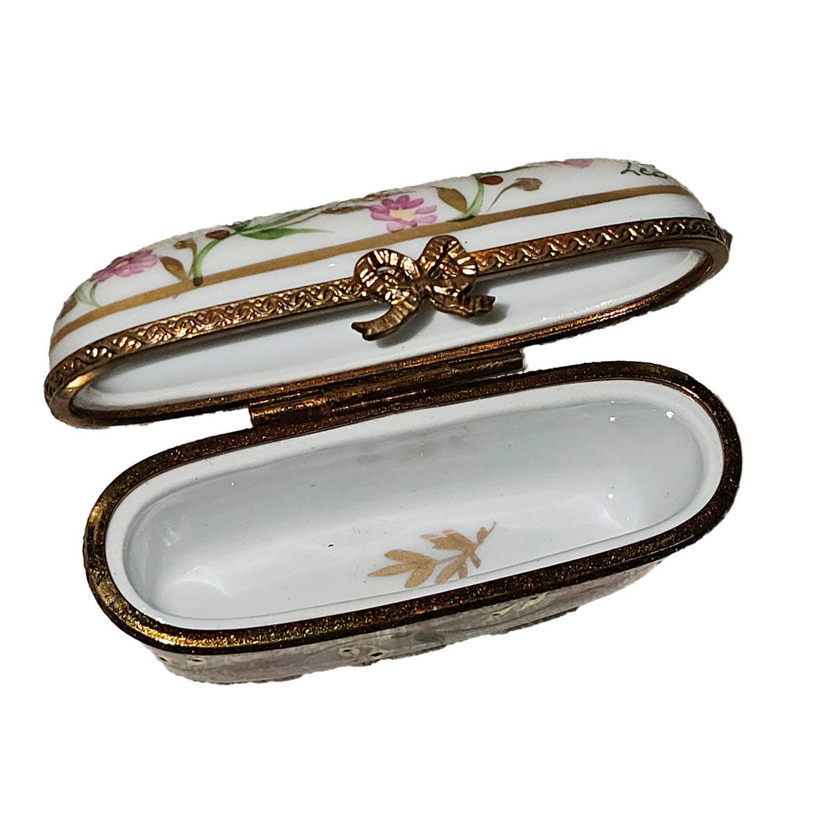 Long Oval Tall Pink Flowers with Leaves Limoges Box, view 2