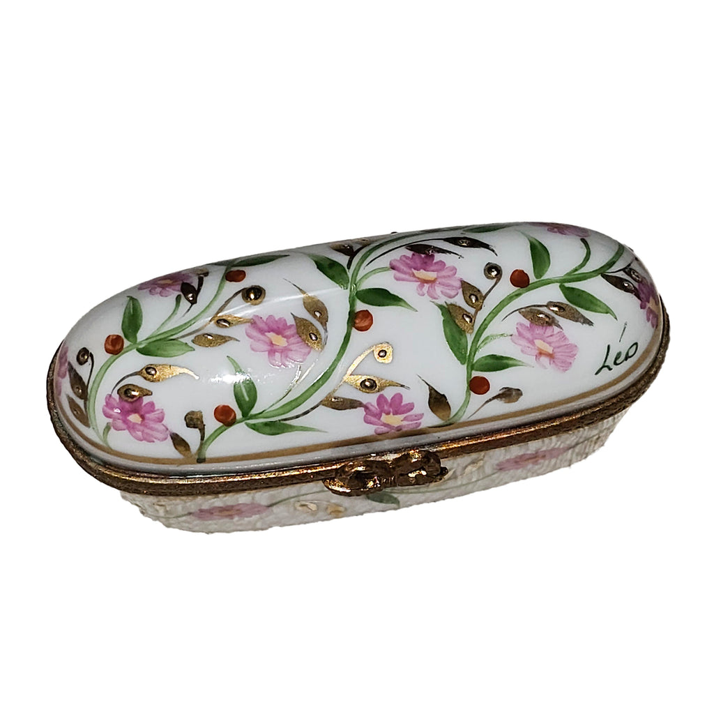 Long Oval Tall Pink Flowers with Leaves Limoges Box, view 3