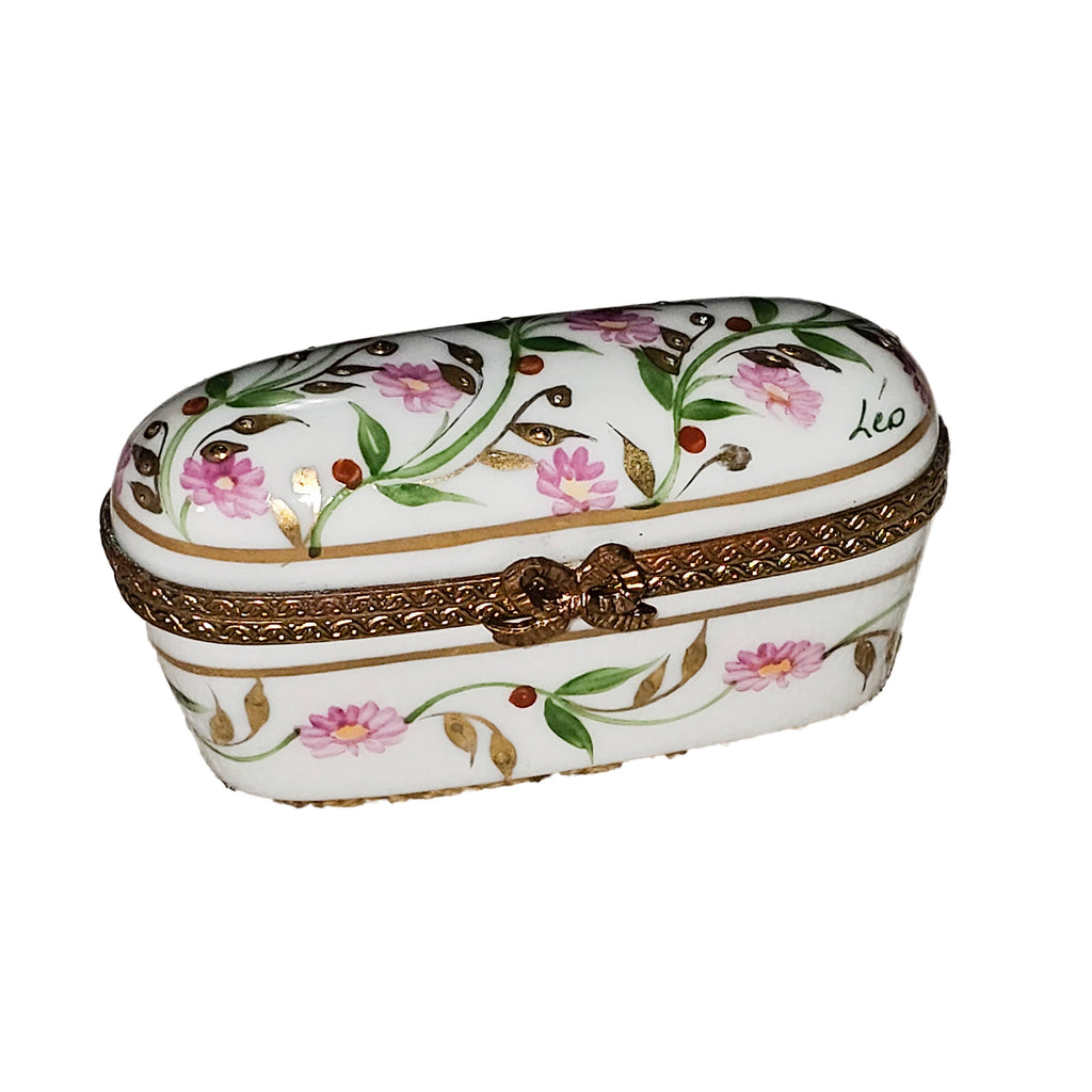 Long Oval Tall Pink Flowers with Leaves Limoges Box, a hand-painted Limoges porcelain gift